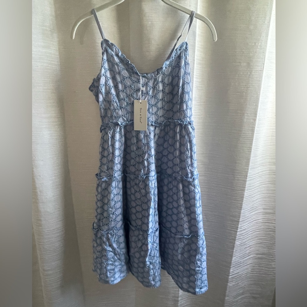 Sim & Sam Artic Blue tiered eyelet midi dress juniors Large